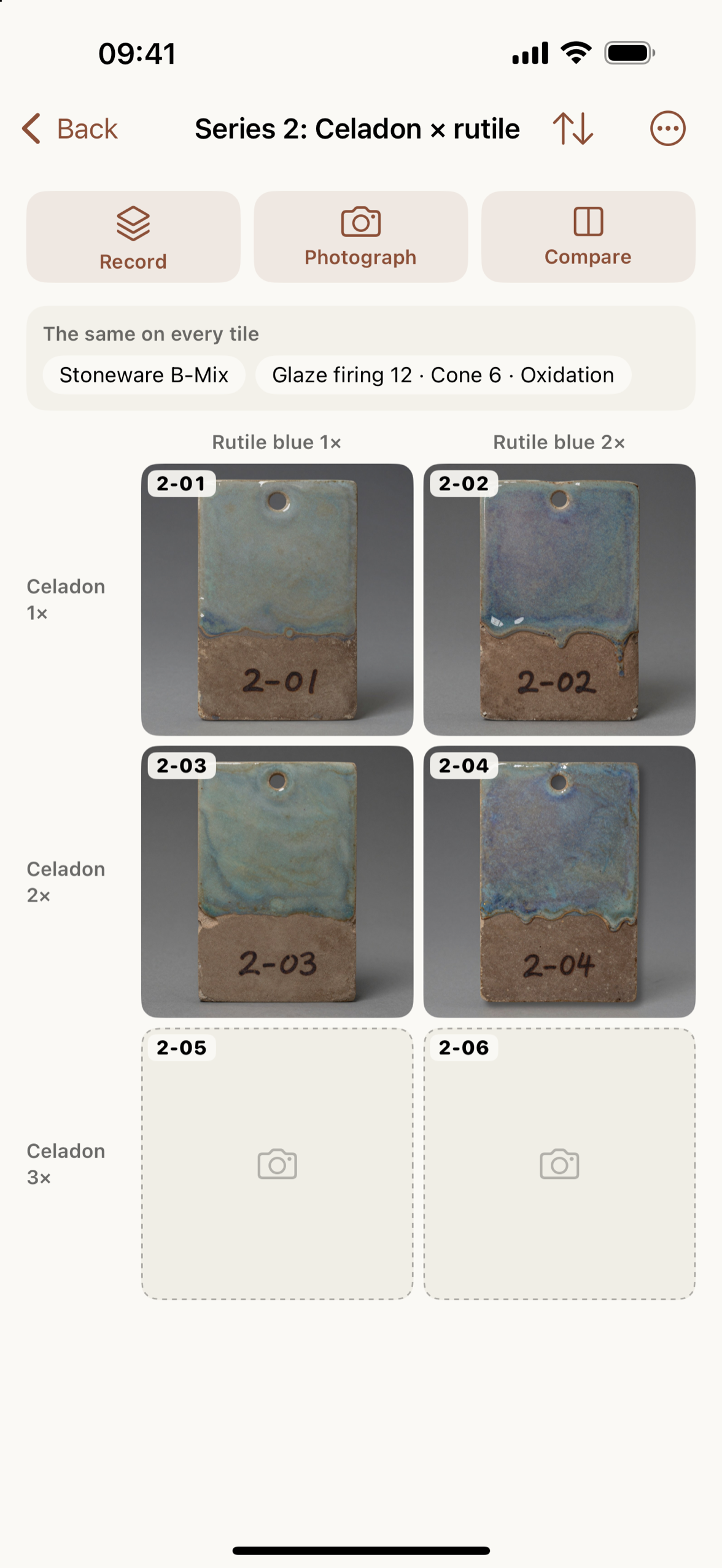 A coats grid as a matrix, with a photo in every fired cell and the unfired row still empty