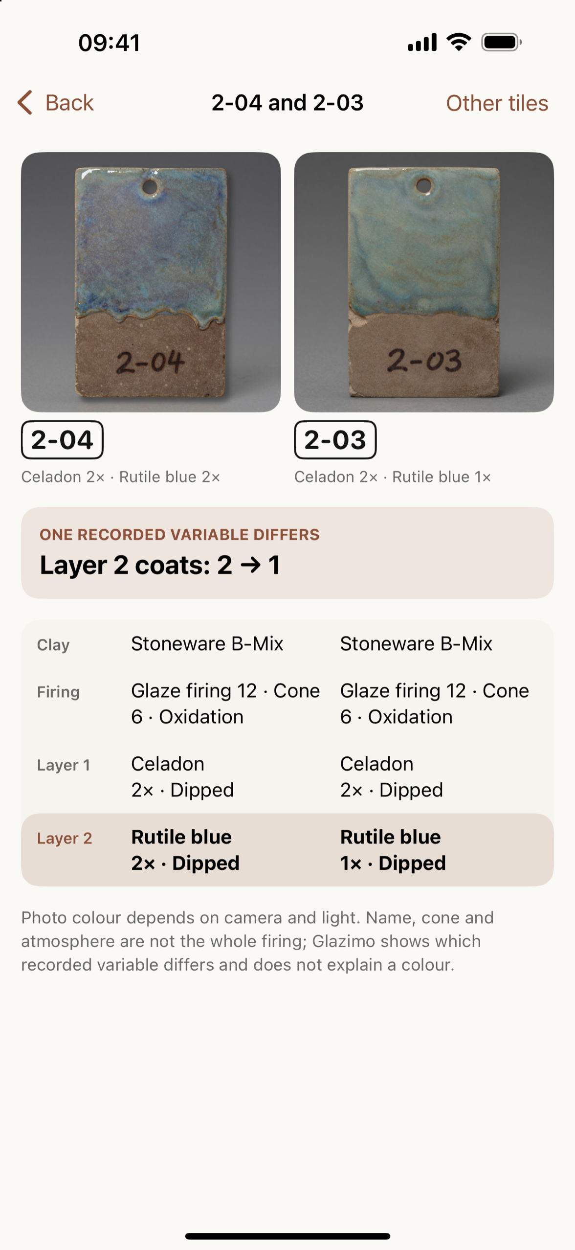 Tiles 2-04 and 2-03 side by side: one recorded variable differs, layer 2 coats from 2 to 1