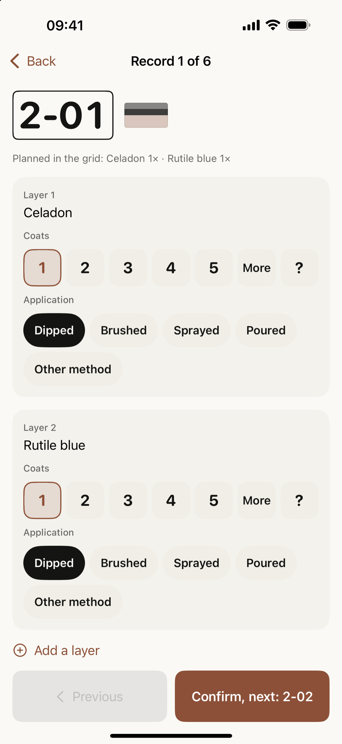 Recording tile 2-01: layer by layer, with large buttons for the number of coats and the method