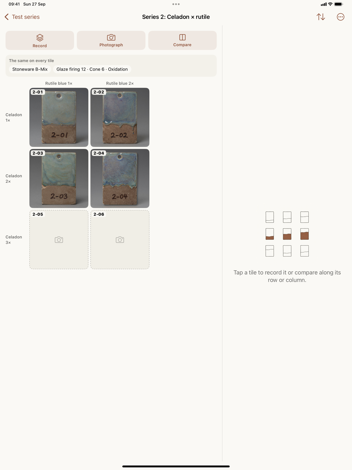 A coats grid on iPad: Celadon 1 to 3 coats down the side, rutile blue 1 to 2 coats across, each cell a tile with its label